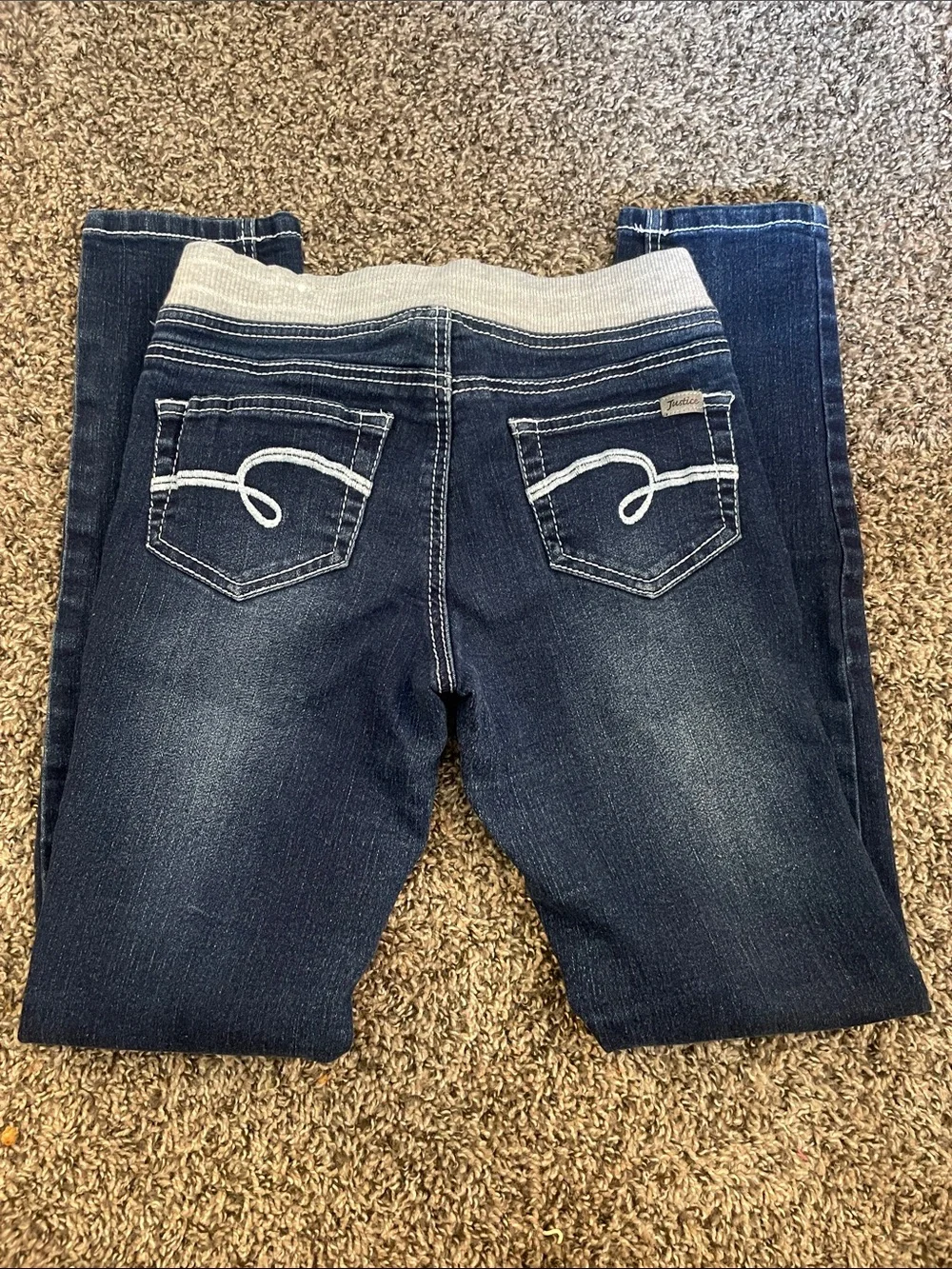Justice Dark Blue Jean Jeggings with Light Cream Knit Waistband